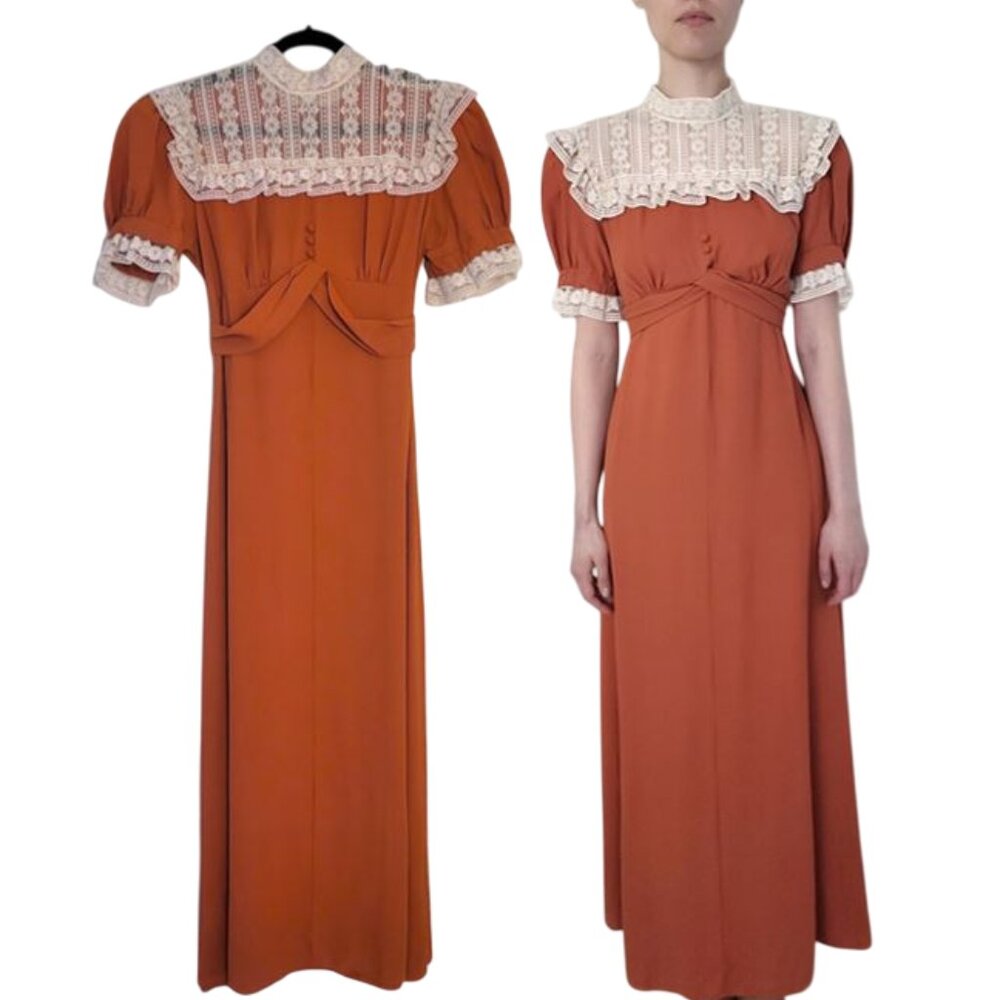 VTG 70s Victorian Style Short Sleeve Maxi Length Prairie Dress Lace Detail small